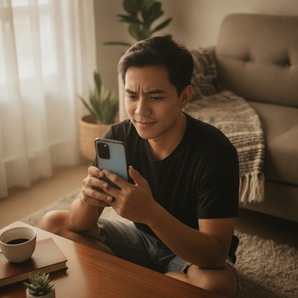 Filipino player holding smartphone ready to start online casino gaming at home